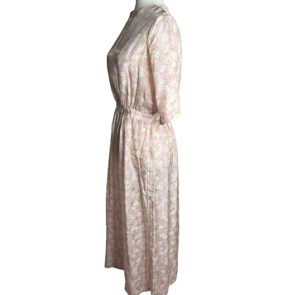Vintage 50s Sheer Floral Day Dress Small Beige Pink Metal Zipper Short Sleeves - Picture 3 of 7